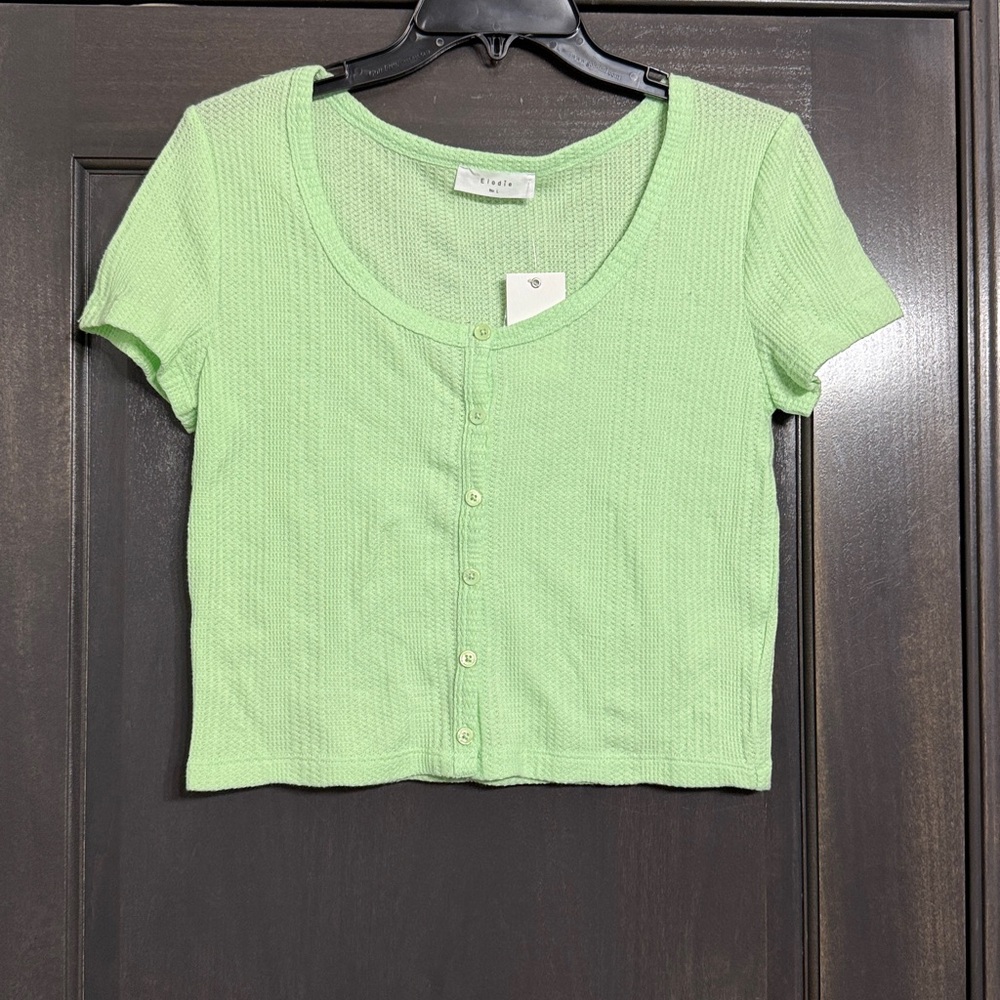 Elodie Womens NWT L green Button Up Knitted Short Sleeve Cropped Top